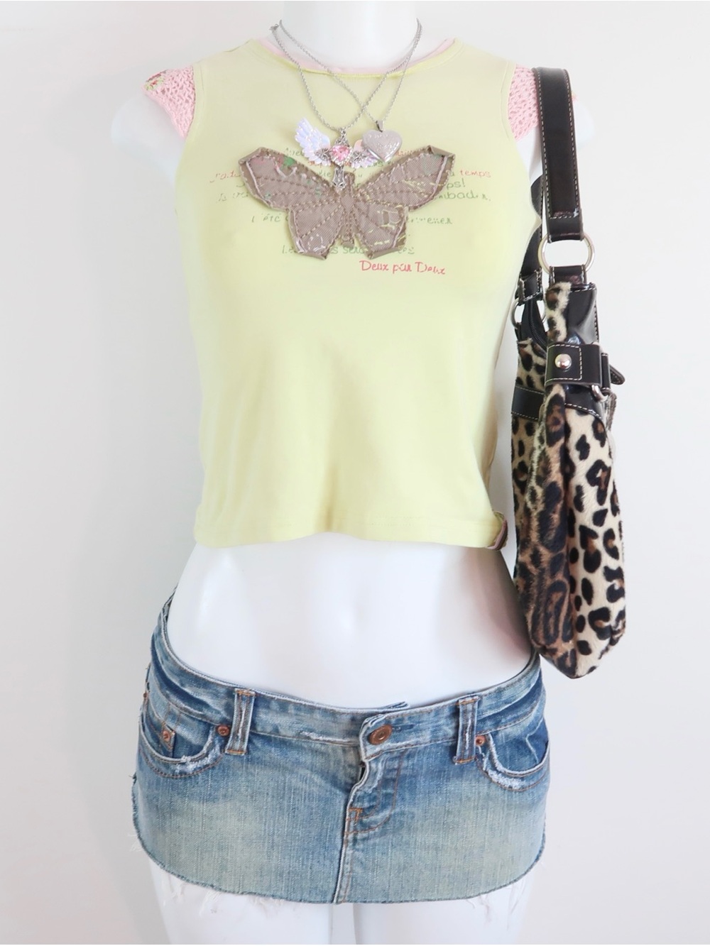 deux par deux Pale Yellow Cropped Tank with Pink Crochet Sleeves